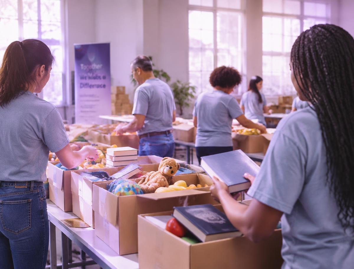 Volunteers packing care boxes with books, toys and fruit